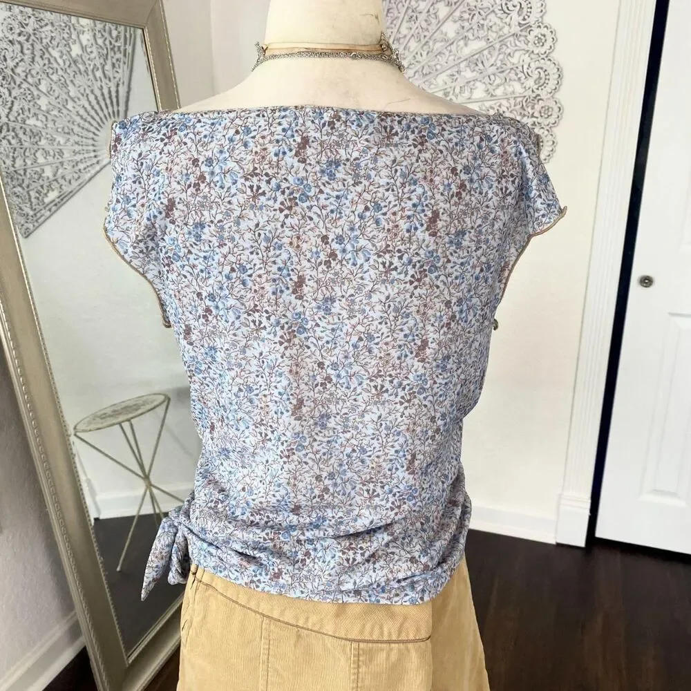 Early 2000's Boho Blue Brown Floral Flower Cap Sleeve Mesh Top S / M - Picture 5 of 5